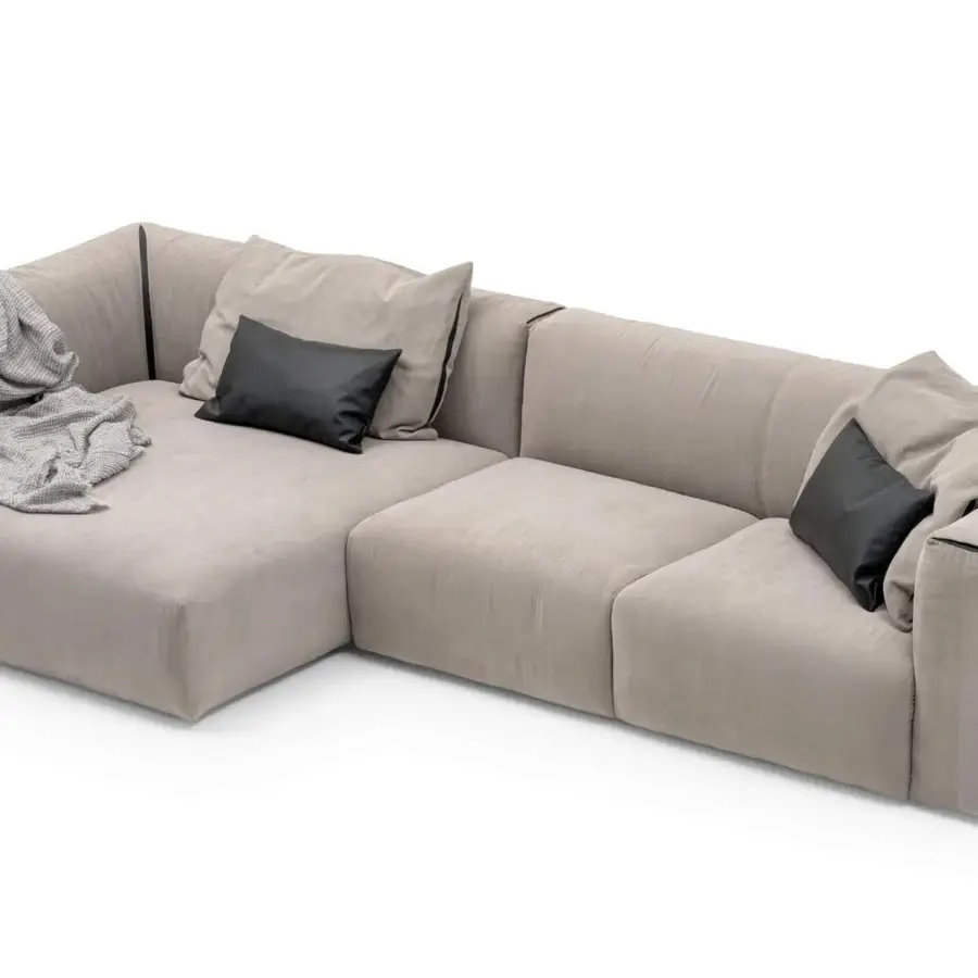Lavish Turri Soul sectional with light beige textile upholstery and enriching leather inserts in a matte finish