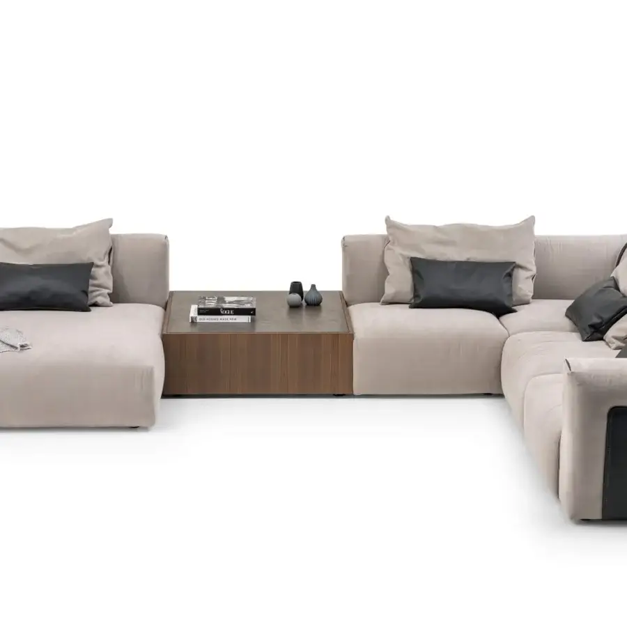 Distinctive Turri Soul sectional with light beige textile upholstery and dark-tone leather inserts crafted in Italy