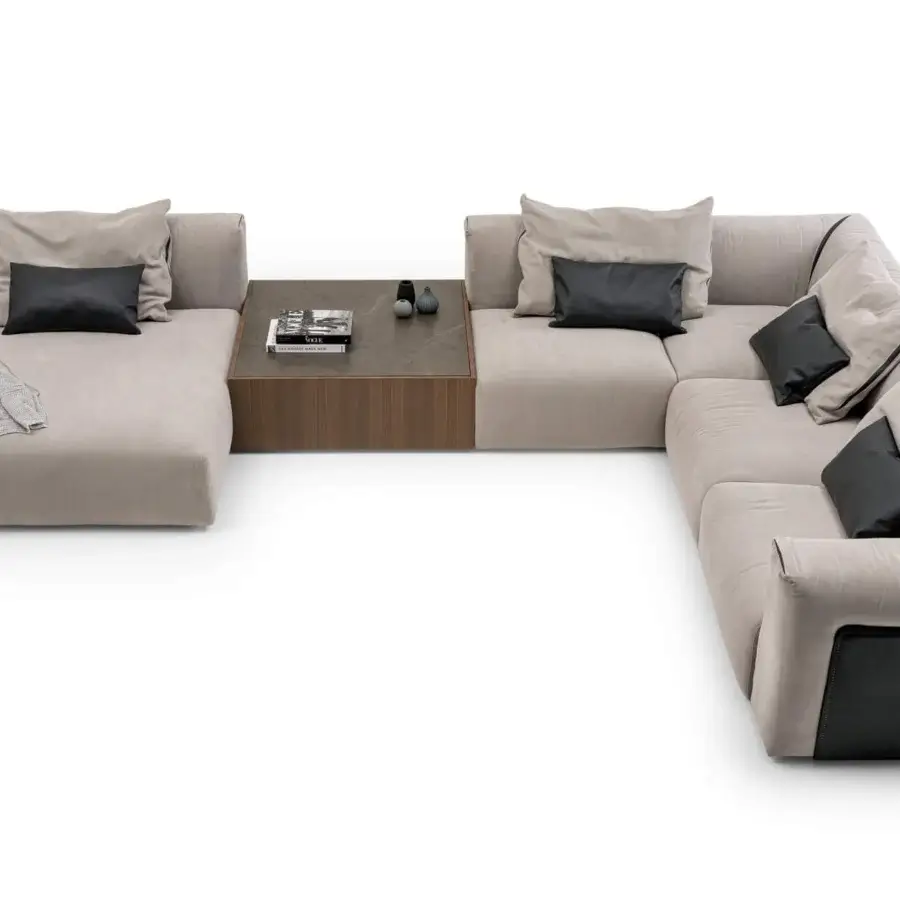 Superior Turri Soul sectional with neutral textile upholstery, leather accents and dark brown wooden base with stone-like top