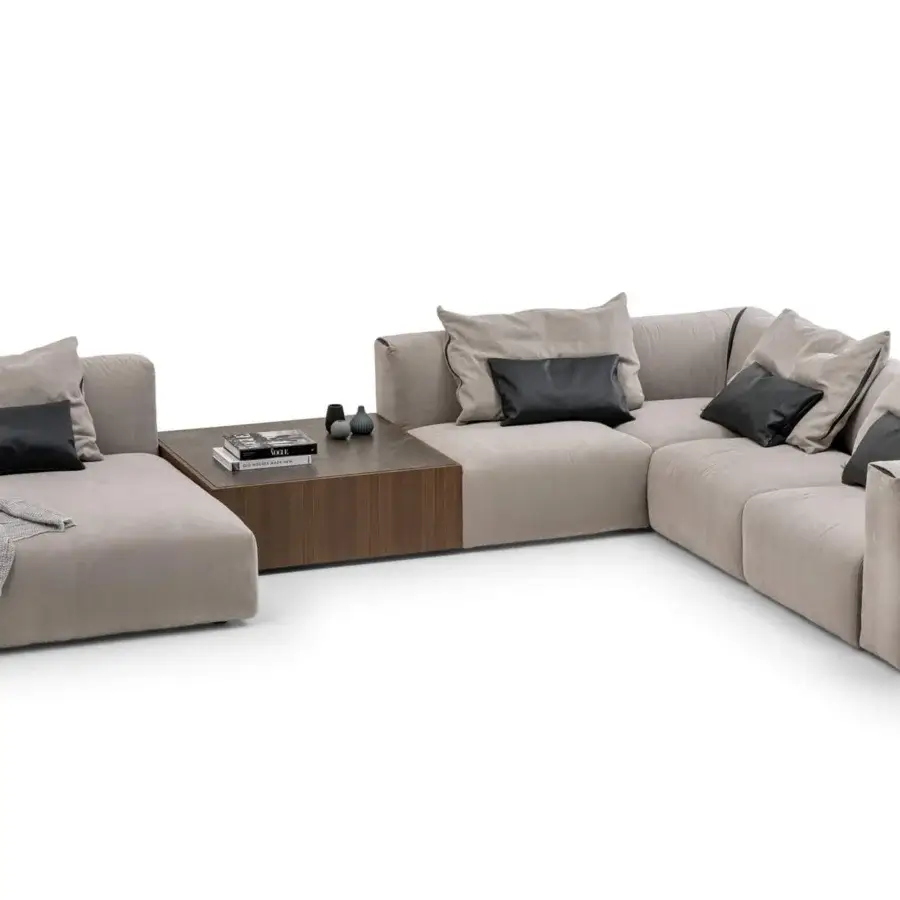 Exceptional Turri Soul sectional with light beige textile upholstery, leather inserts and black synthetic material panels with matte finish