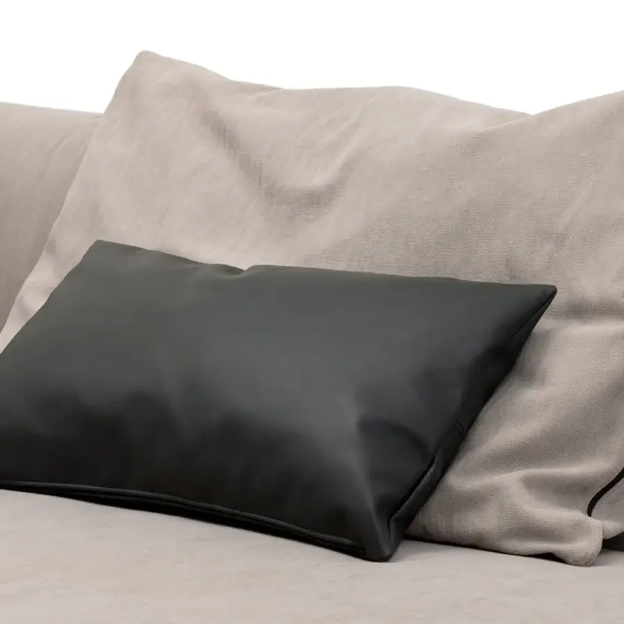 Distinguished Turri Soul sectional upholstered in light beige textile with black stripe detail and precious leather inserts