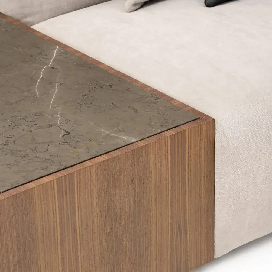 Distinguished Turri Soul sectional with light beige textile upholstery and medium brown wood veneer crafted in Italy