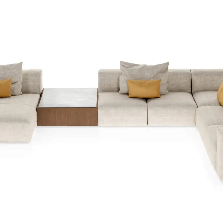 Superior Turri Soul sectional in a U-shape with light beige woven textile, precious leather and a marble-like solid wood side table with mustard cushions
