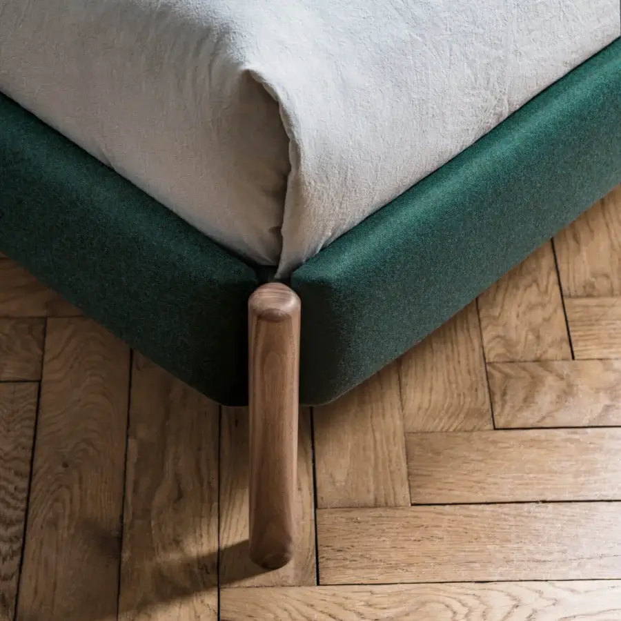 Exceptional Bolzan Letti Flag bed crafted in Italy with dark green textile upholstery and smooth matte finish