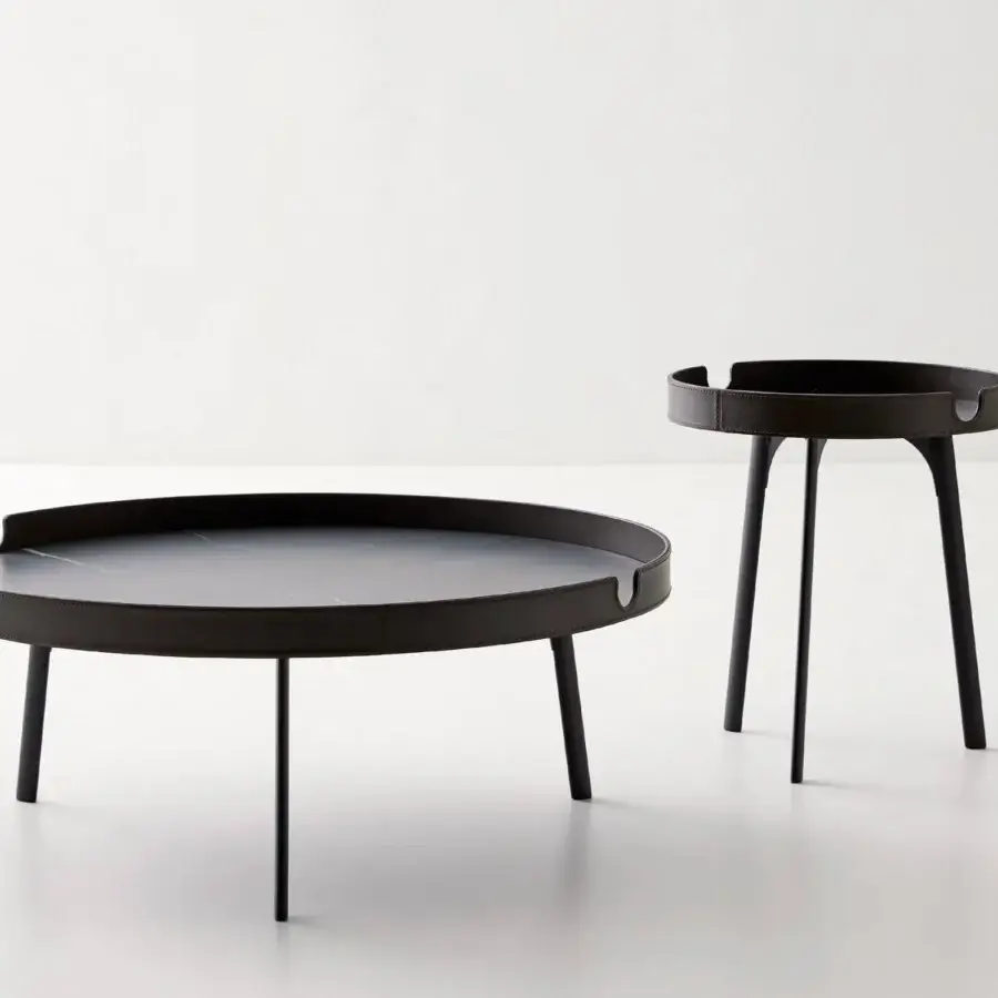 Exceptional Bolzan Letti Gabri side and coffee table with round neolith top and meticulously hand-stitched leather upholstery in dark tones
