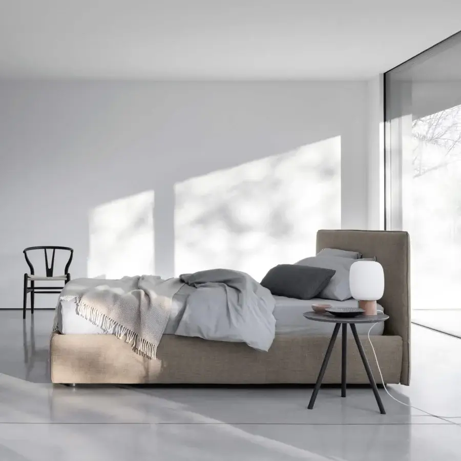 Exceptional Bolzan Letti Gaya bed upholstered in textured matte beige textile with firwood structure and orthopaedic slatted base