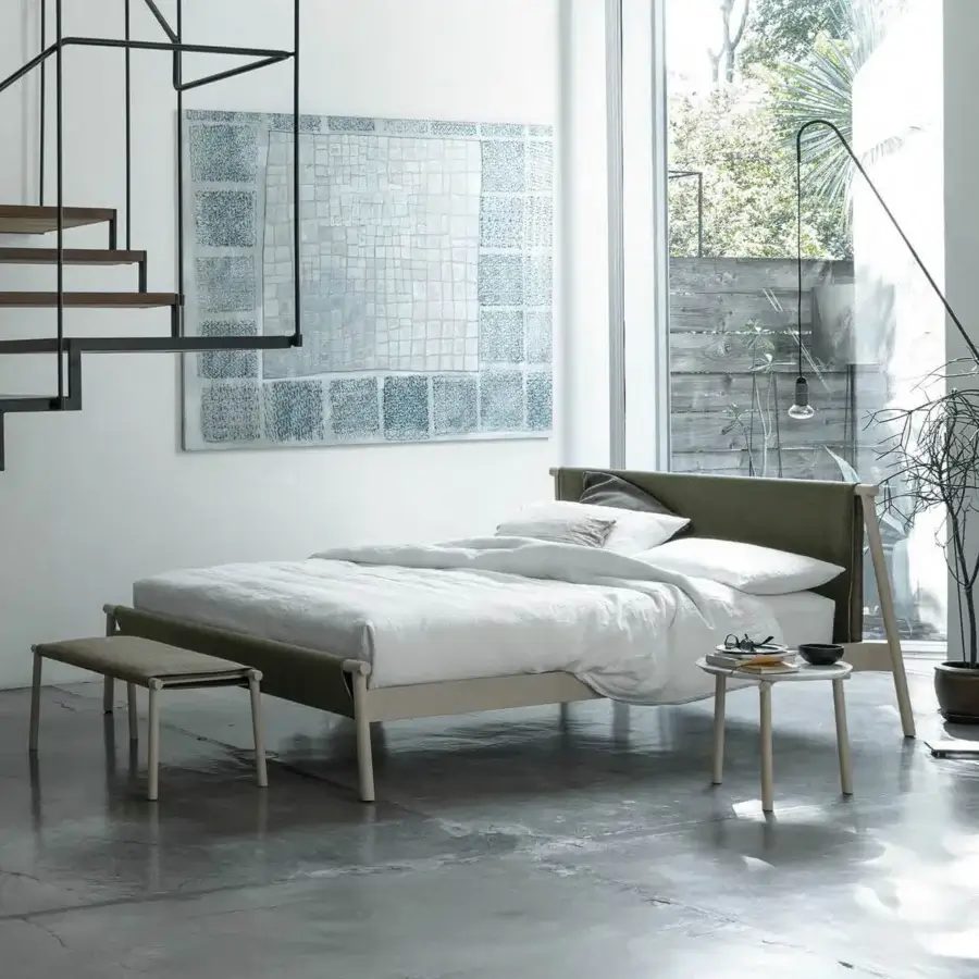 Exceptional Bolzan Letti Jack bed with removable green textile and light wood, built with an orthopaedic slatted base in Italy