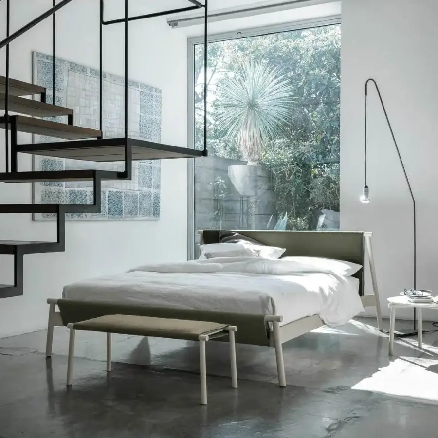 Distinguished Bolzan Letti Jack bed with metal structure and muted green upholstered headboard crafted in light-toned wood