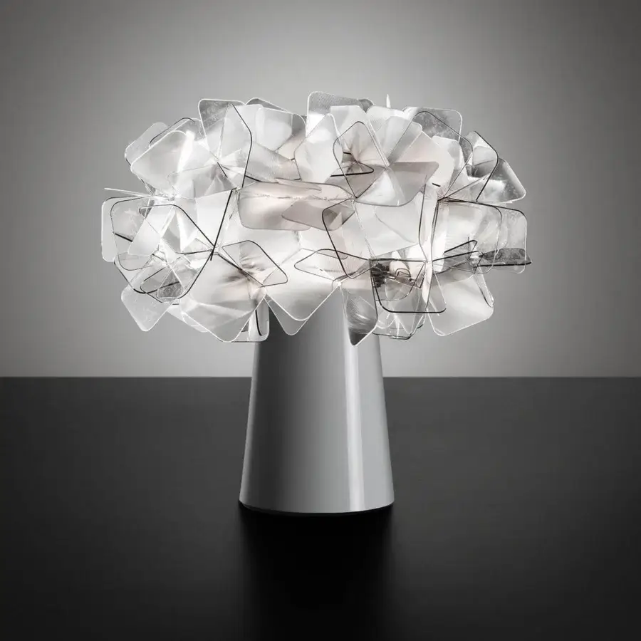 Distinguished Slamp Clizia table lamp crafted in Italy with a captivating spherical shade of translucent Opalflex® and light gray base