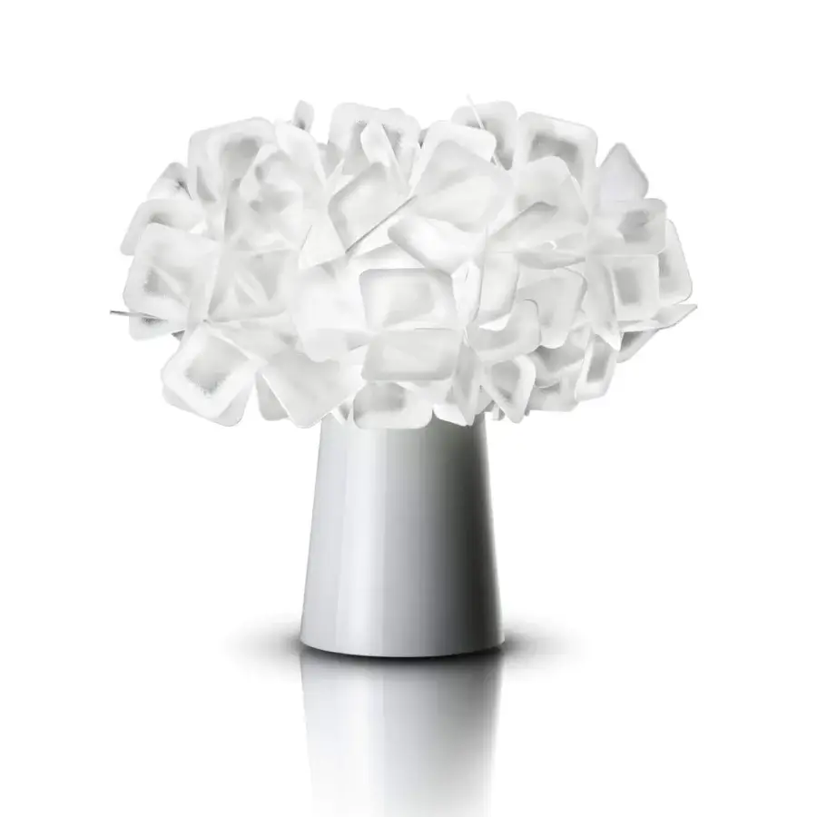 Elegant Slamp Clizia table lamp handcrafted in Italy with a spherical shade of interlocked Opalflex and glossy white cylindrical base