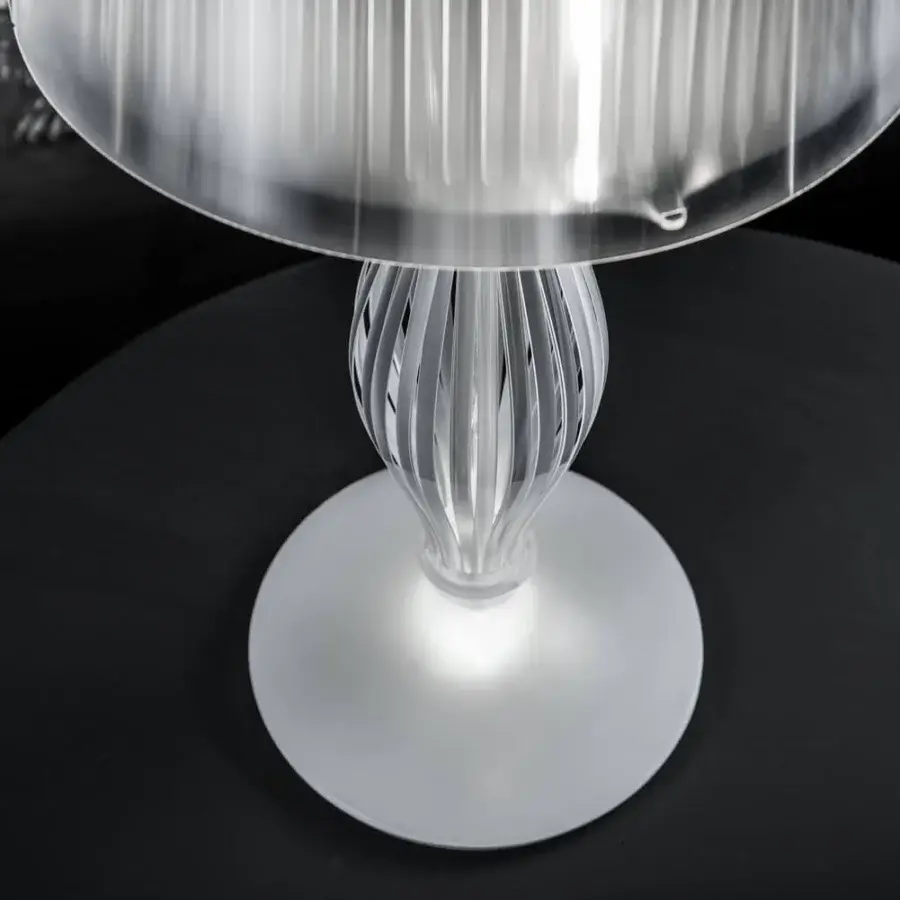 Distinguished Slamp Liza table lamp with translucent white techno-polymer and pleated shade offering layered light with a courtesy LED base