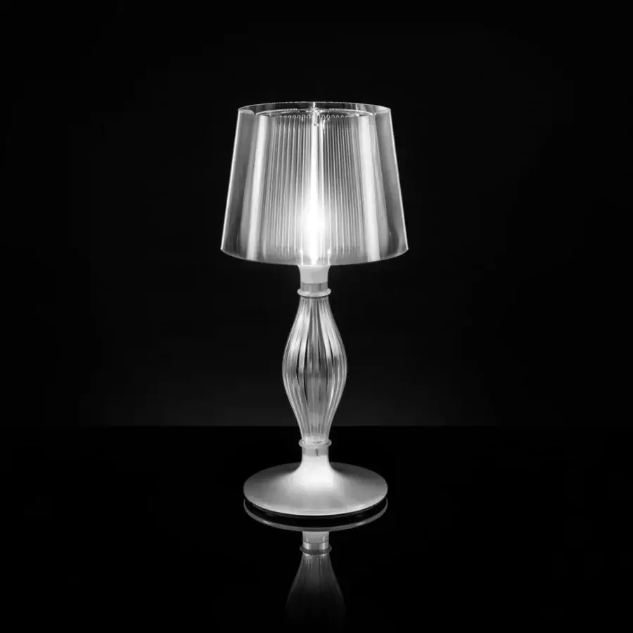 Elegant Slamp Liza table lamp with baroque inspiration crafted in clear glossy techno-polymer with pleated shade and fluted column base