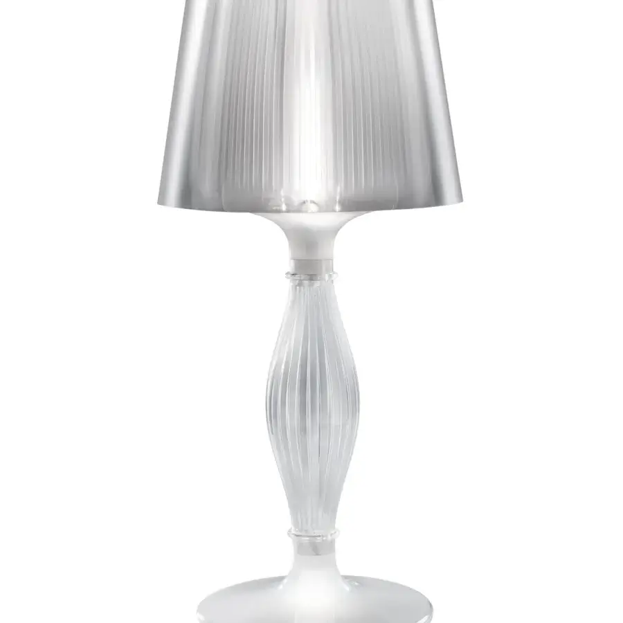 Distinguished Slamp Liza table lamp with a semi-transparent pleated shade and slender geometric body crafted in techno-polymer with Prisma finish