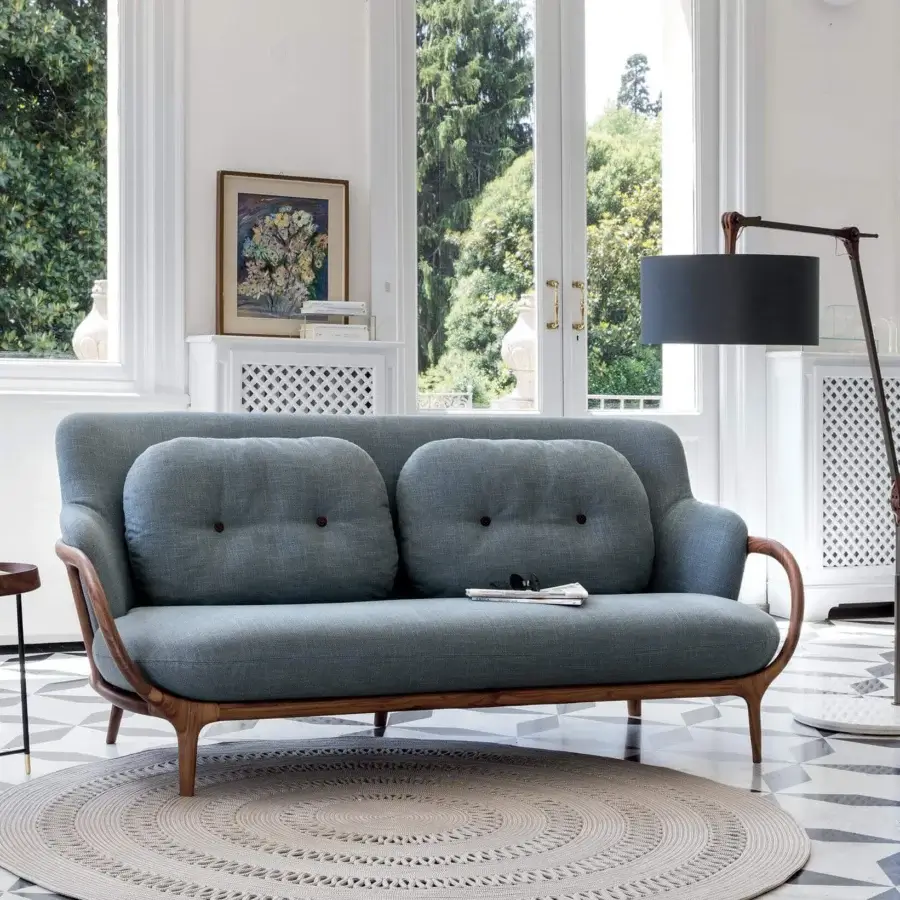 Exceptional Porada Gary floor lamp with bronzed brass tubular frame, Canaletto walnut junctions and Carrara marble base, finished with a dark grey cotton shade
