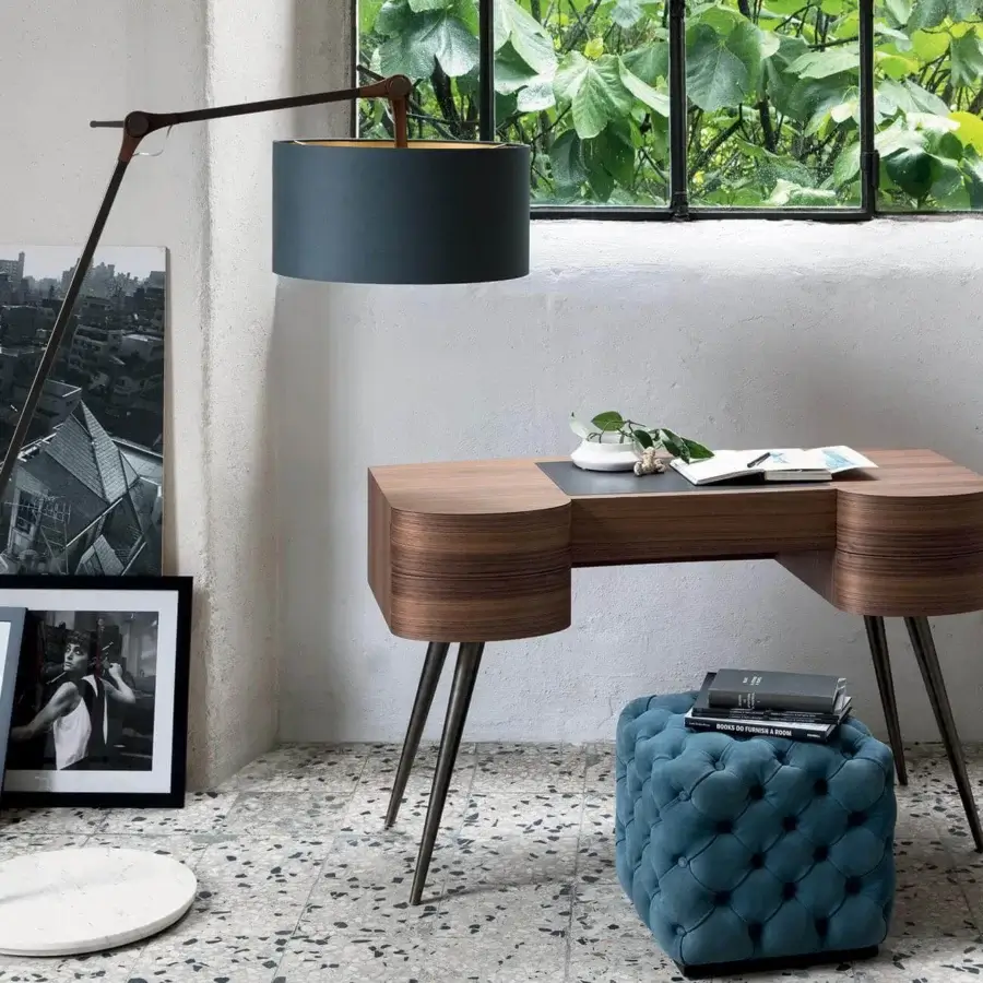 Lavish Porada Gary floor lamp with bronzed brass frame, Canaletto walnut junction and Carrara marble base, finished with a dark bluish-gray cotton shade
