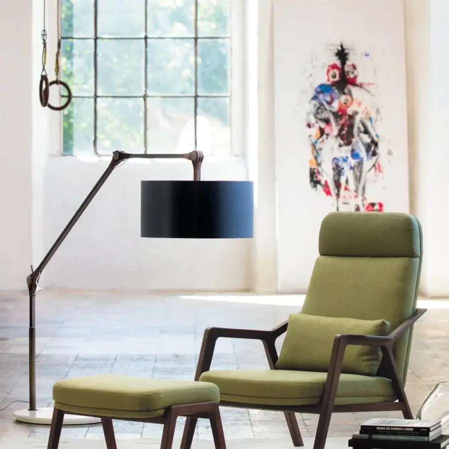 Distinguished Porada Gary floor lamp with bronzed brass tubular frame, Carrara marble base and Canaletto walnut junction crafted in a sophisticated design