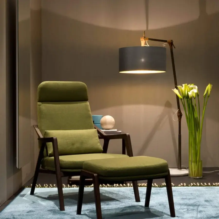 Exceptional Porada Gary floor lamp with bronzed brass frame, Canaletto walnut detailing and Carrara marble base crafted in grey cotton