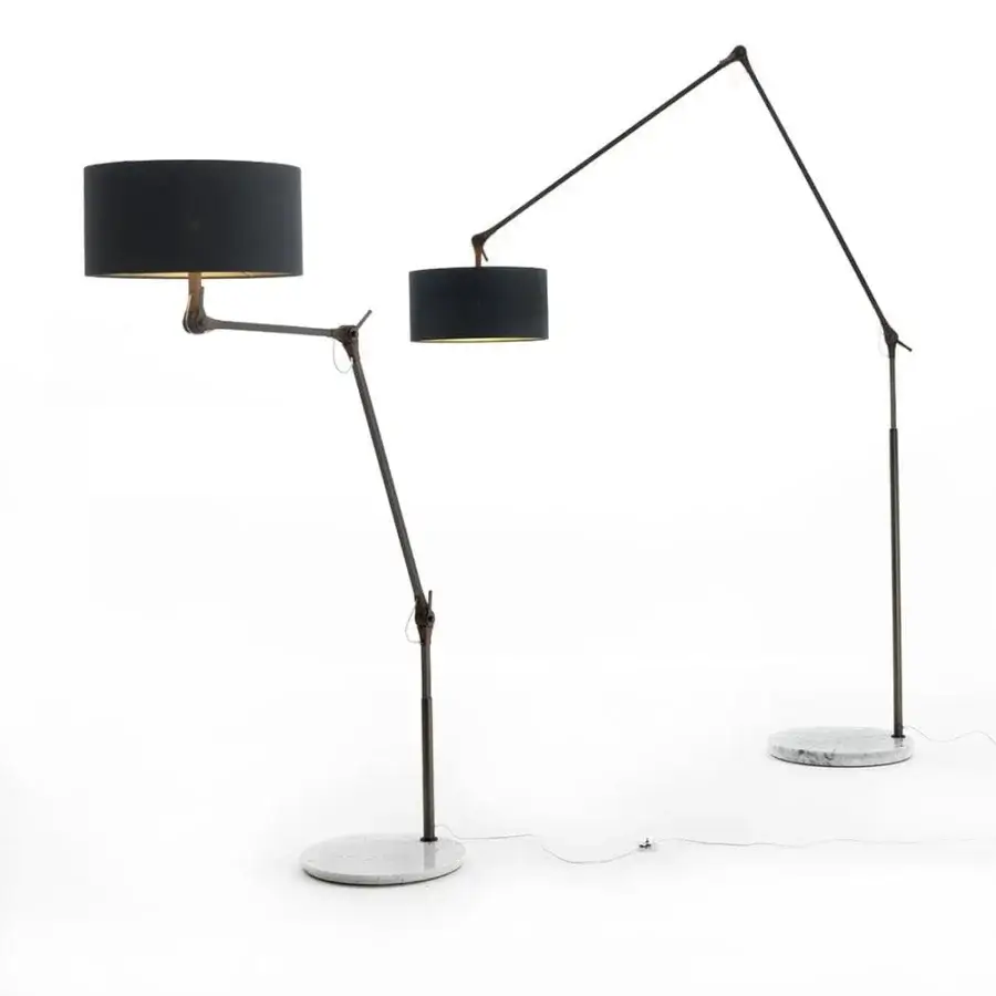Distinguished Porada Gary floor lamp with bronzed brass tubular frame, Carrara marble base and Canaletto walnut junction crafted with a dark gray cotton shade