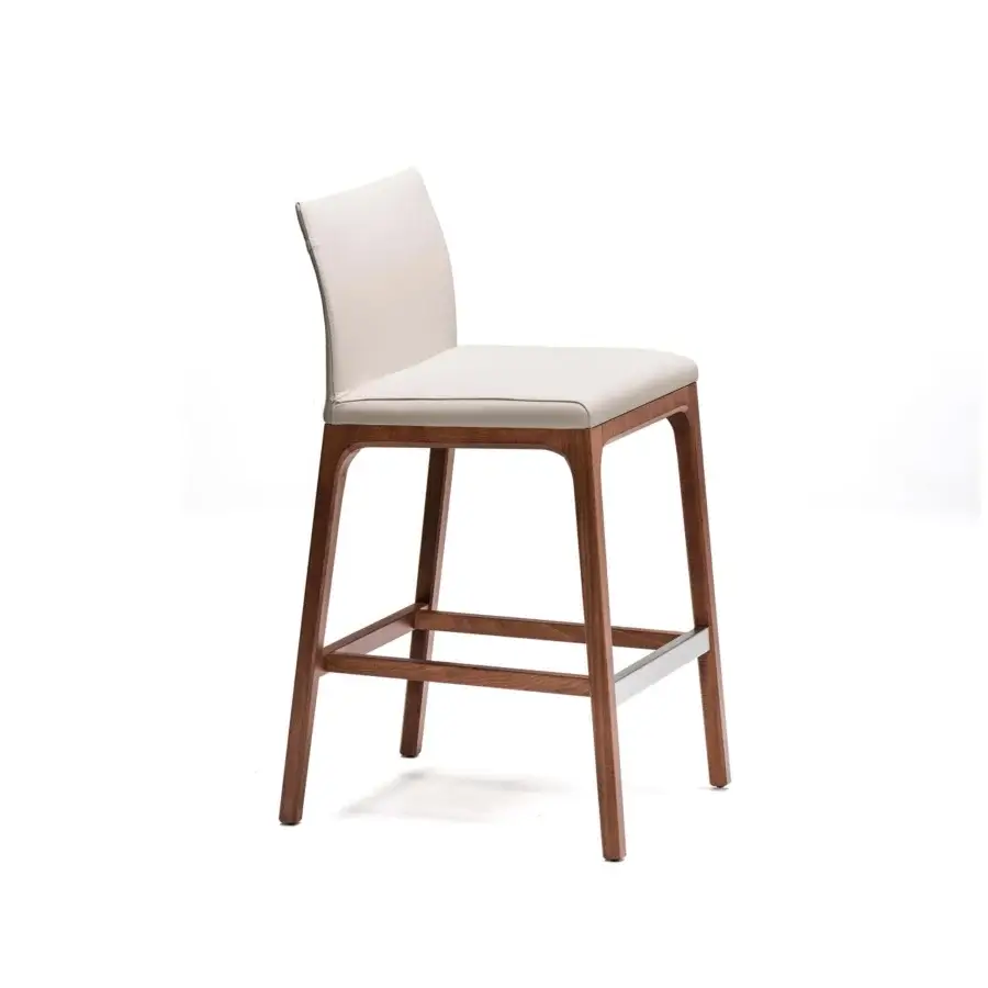 Elegant Cattelan Italia Arcadia stool in Canaletto walnut stained beech with light upholstery and a metallic footrest