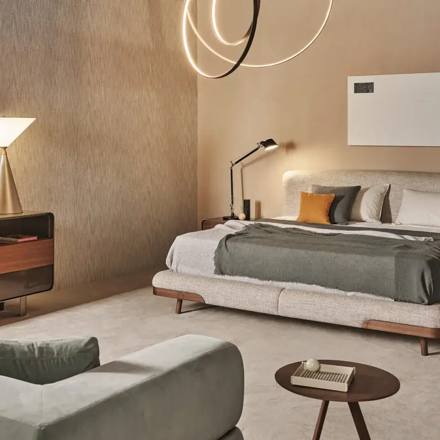 Elegant Turri Soul dresser with muted gray glossy lacquer and warm walnut wood drawers built with a sleek metal frame