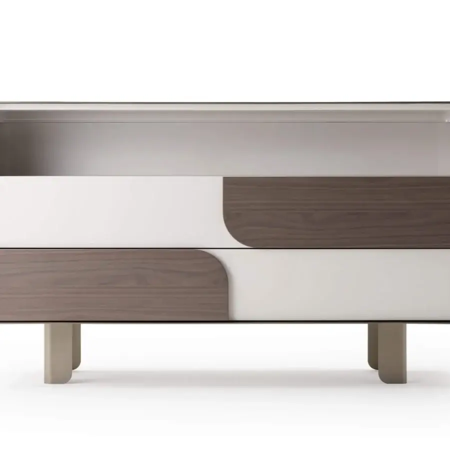 Exclusive Turri Soul dresser in glossy lacquer and rich walnut wood with a sleek metal frame