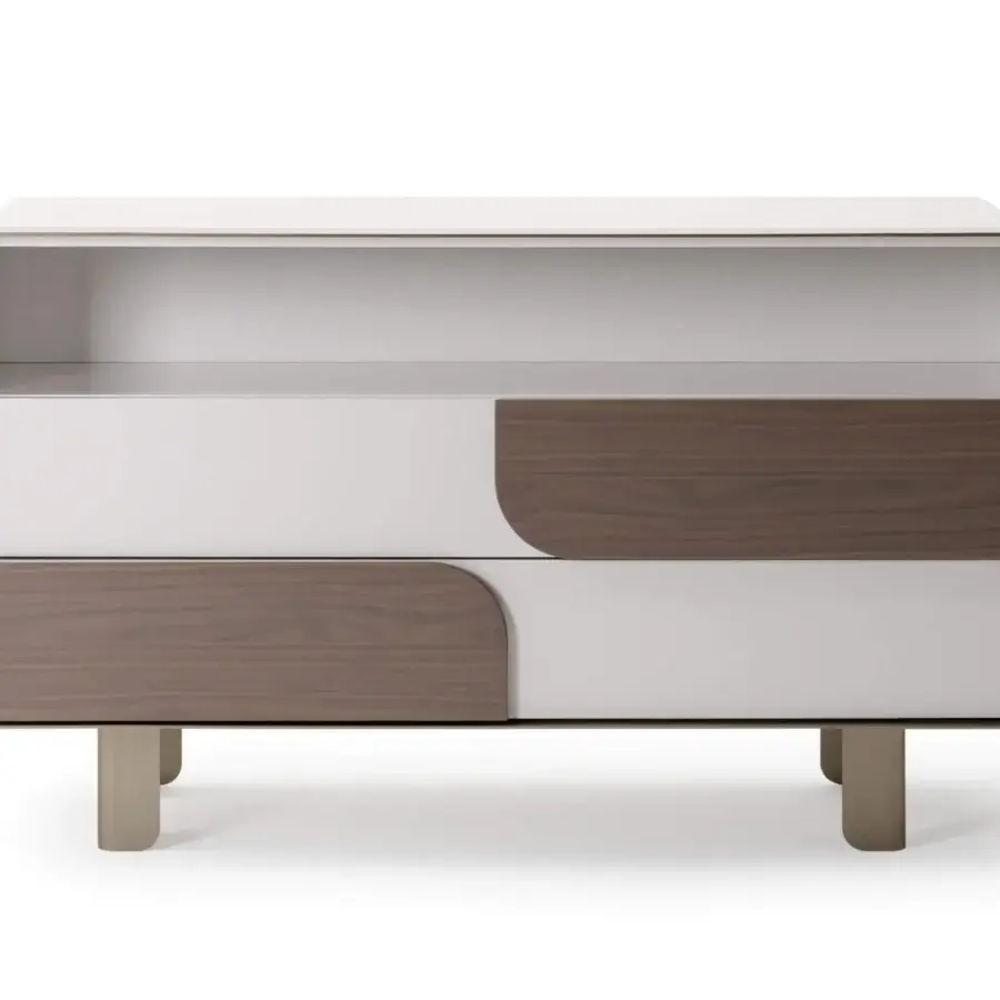 Distinguished Turri Soul dresser with rounded silhouette, walnut wood drawer fronts and glossy lacquer finish