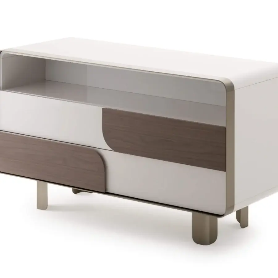 Superior Turri Soul dresser with glossy lacquer, walnut wood drawer fronts and sleek metal frame