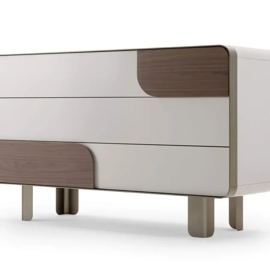 Elegant Turri Soul dresser in glossy light gray lacquer with color-blocked wood veneer drawers and sleek metal frame