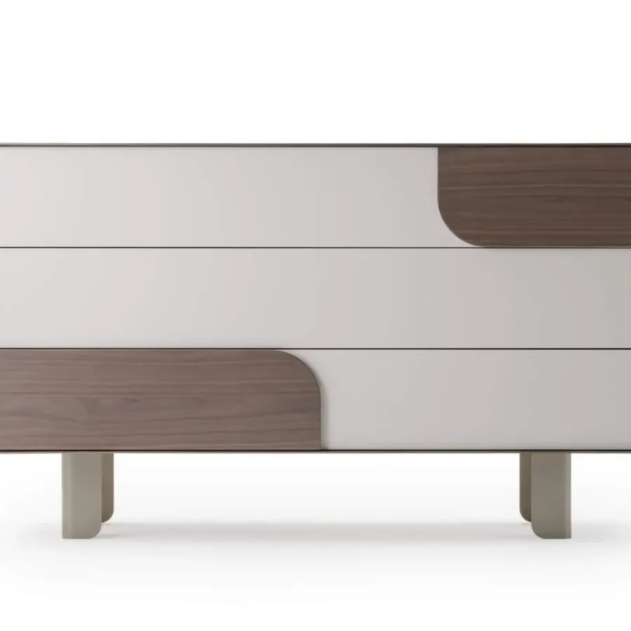 Exceptional Turri Soul dresser in glossy light gray lacquer with walnut wood inserts and block legs