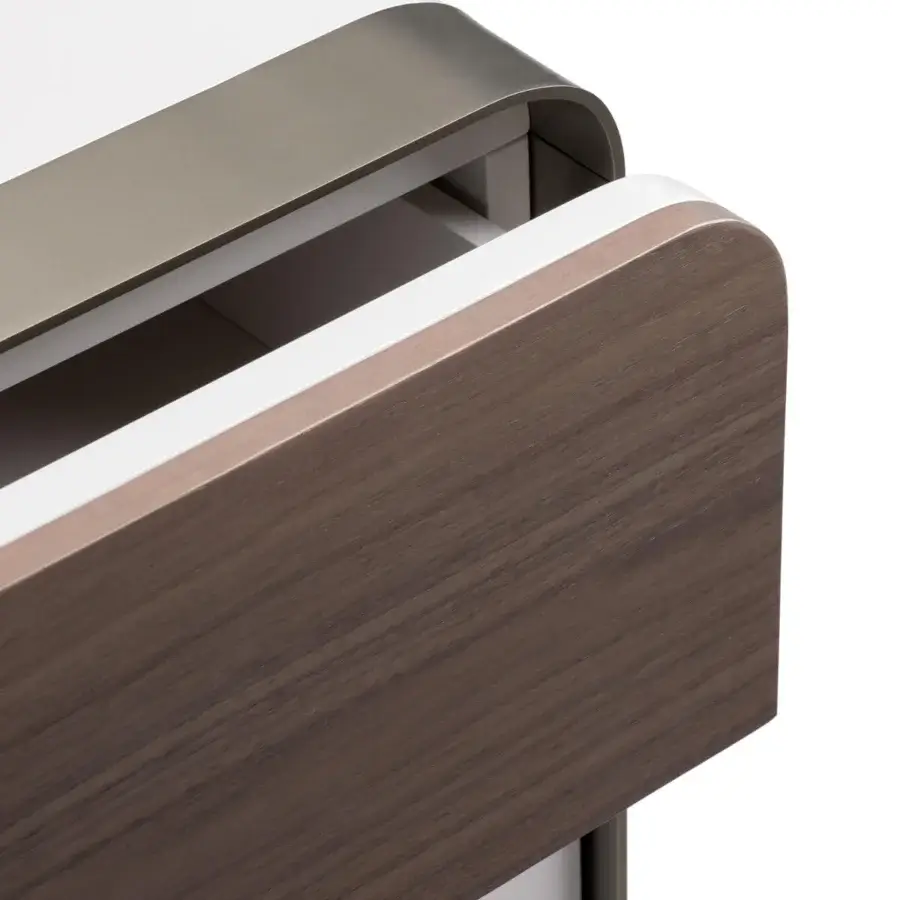 Distinguished Turri Soul dresser with rounded silhouette, walnut wood drawer and sleek metal frame in glossy white lacquer