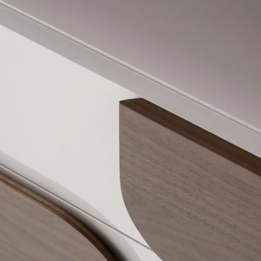 Elegant Turri Soul dresser in glossy lacquer and walnut wood with curved drawer fronts and sleek metal frame