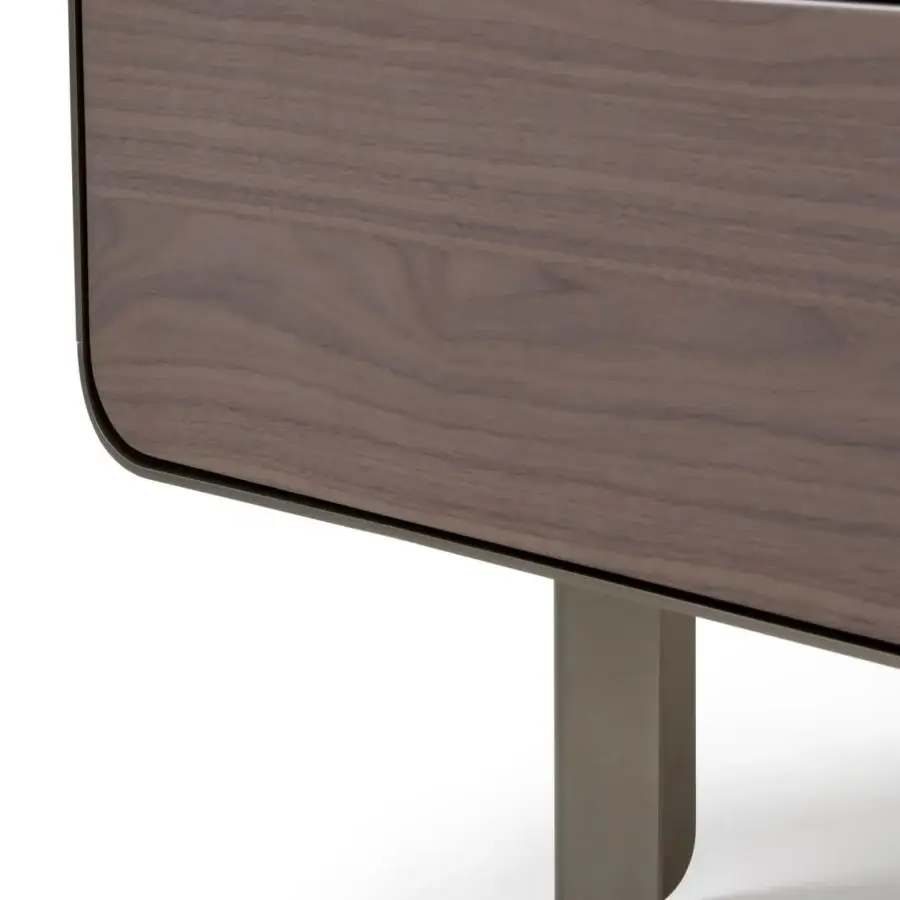 Distinguished Turri Soul dresser in walnut wood with satin-finished metal, showcasing clean lines and a curved drawer front