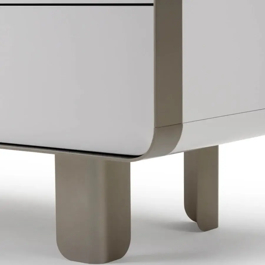 Elegant Turri Soul dresser with glossy lacquer and darker taupe metal frame, exhibiting a contemporary rounded silhouette