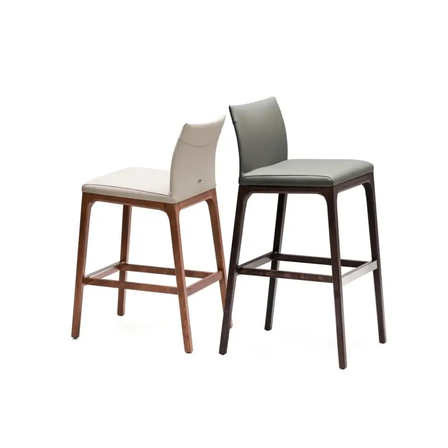 Exceptional Cattelan Italia Arcadia stool in wengè stained beech with grey leather-like upholstery and clean lines