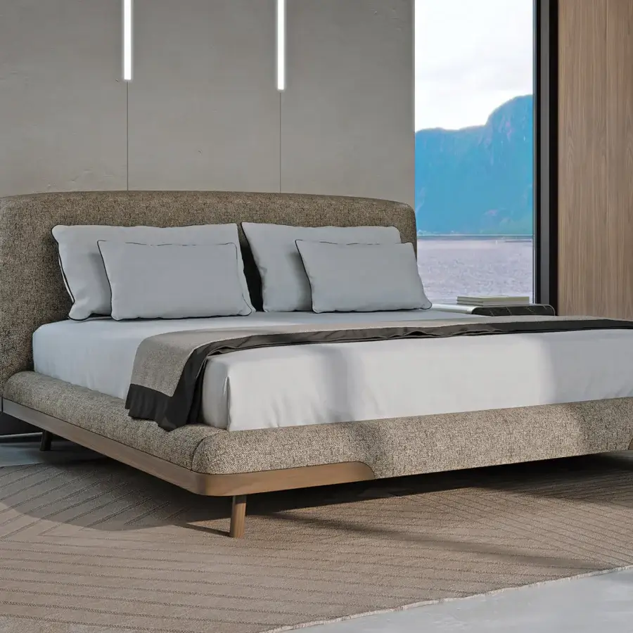 Elegant Turri Soul nightstand with light beige frame, walnut drawer front and dark stone-like top surface