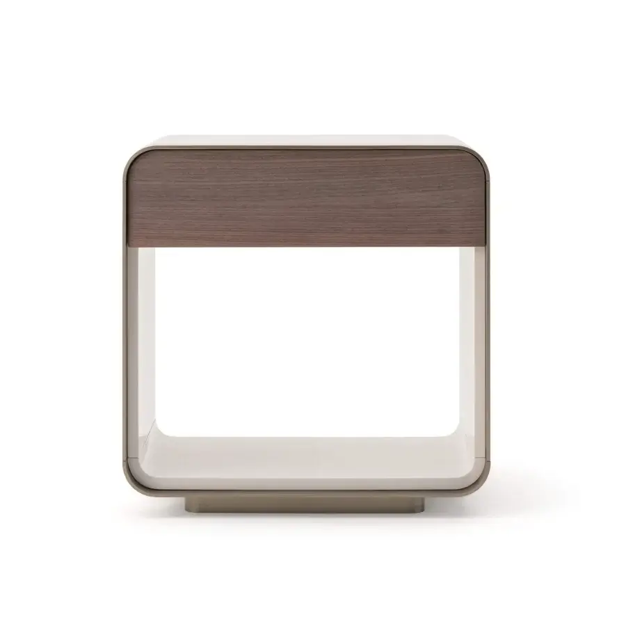 Exceptional Turri Soul nightstand with a light beige matte frame and dark brown walnut wood drawer front