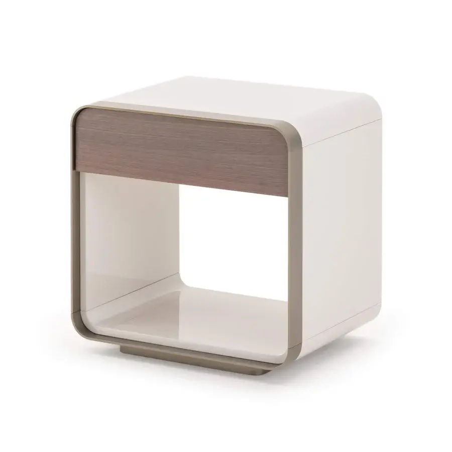Superior Turri Soul nightstand with a white body and walnut wood drawer front, crafted with a light brown perimeter detail