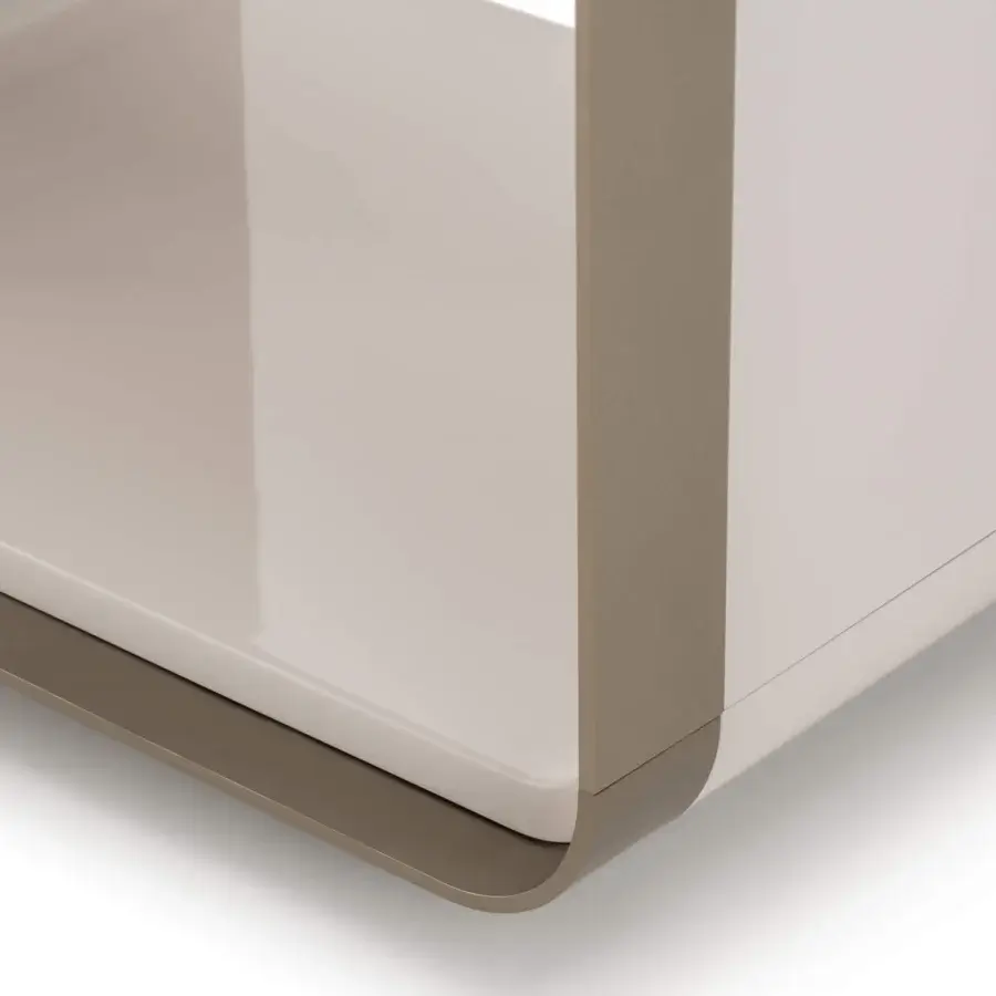 Elegant Turri Soul nightstand rests on the floor with a walnut wood drawer and glossy light beige finish accented in darker bronze tones