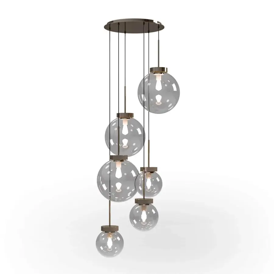 Distinguished CPRN Homood Mood chandelier with six transparent fume glass shades and a sleek black nickel metal base