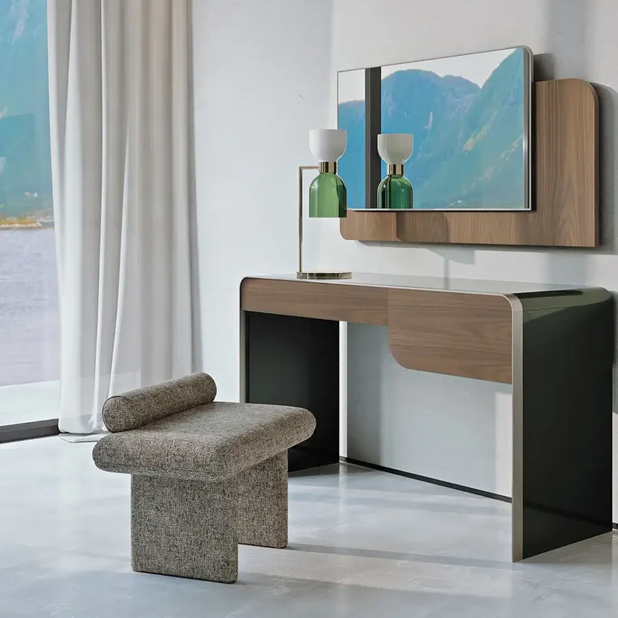 Superior Turri Soul vanity with wooden top and metal edge, exhibiting glossy finish and dark support structure