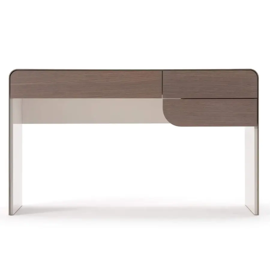 Distinguished Turri Soul vanity with wooden top and refined metal edge in medium brown wood grain with light beige accents