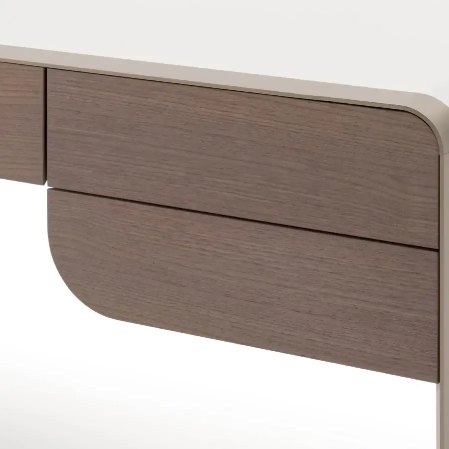 Exceptional Turri Soul vanity with warm brown wood and glossy white top crafted with a delicate light beige border