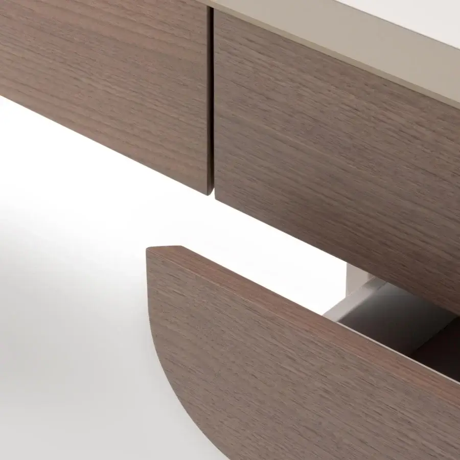 Sophisticated Turri Soul vanity with wooden top, metal legs and beige solid surface drawers displaying a matte brown finish