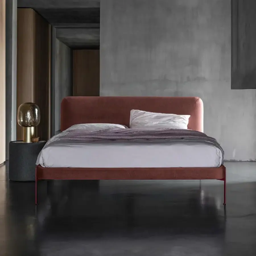 Superior Bolzan Letti Joy bed with reddish-brown textile upholstery and thin geometric metallic legs