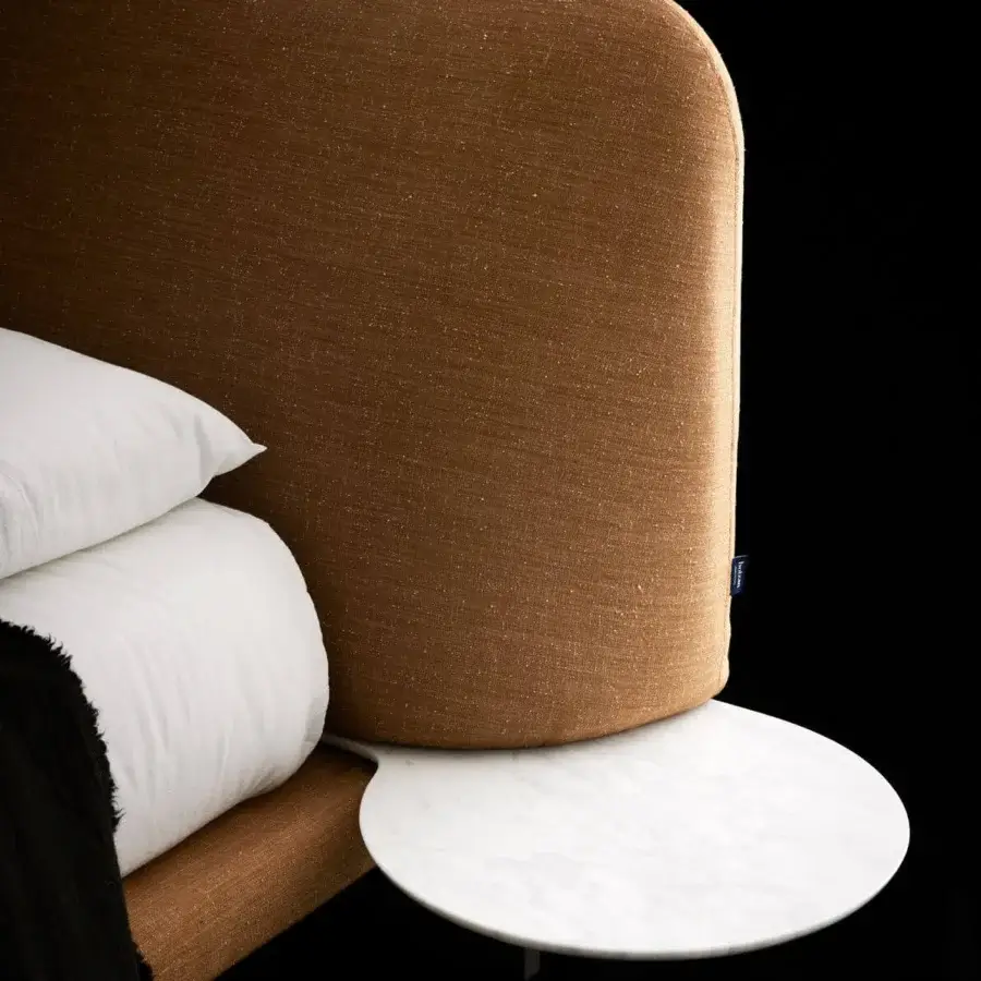 Exclusive Bolzan Letti Marty bed with textured brown textile upholstery and built-in white bedside table crafted in Italy