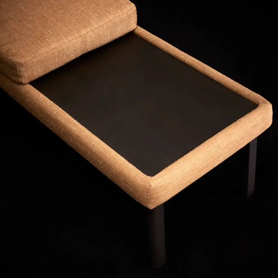 Distinguished Bolzan Letti Marty bed crafted in Italy with light brown textile upholstery and dark recessed surfaces built on discreet legs