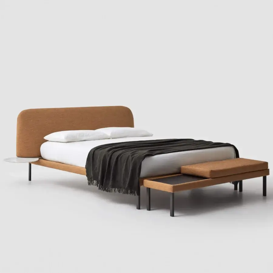 Superior Bolzan Letti Marty bed with warm brown textile upholstery and a matte finish, including a bench and side tray table