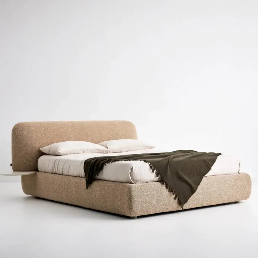 Distinguished Bolzan Letti Marty bed with warm beige textured textile and a padded headboard built with a firwood structure