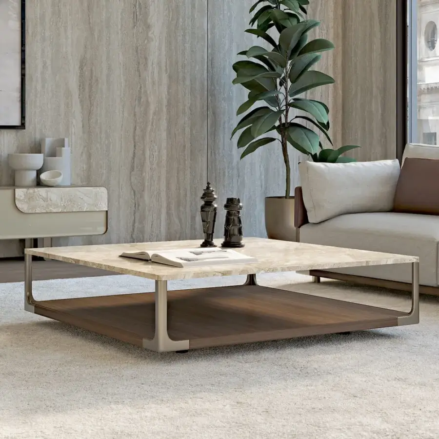 Distinguished Turri Drum coffee table with light marble-like top and dark brown finished wooden support