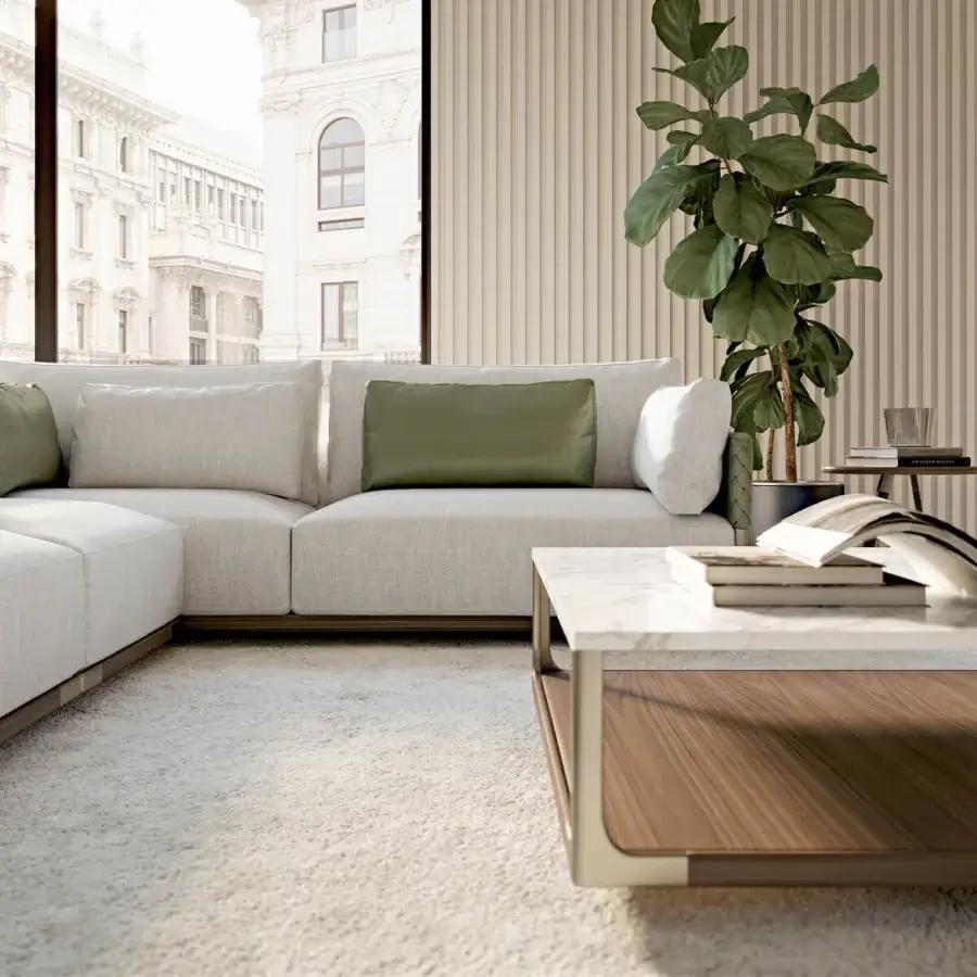 Sophisticated Turri Drum coffee table with a light marble top and lower wooden shelf in satin-tone metal framing